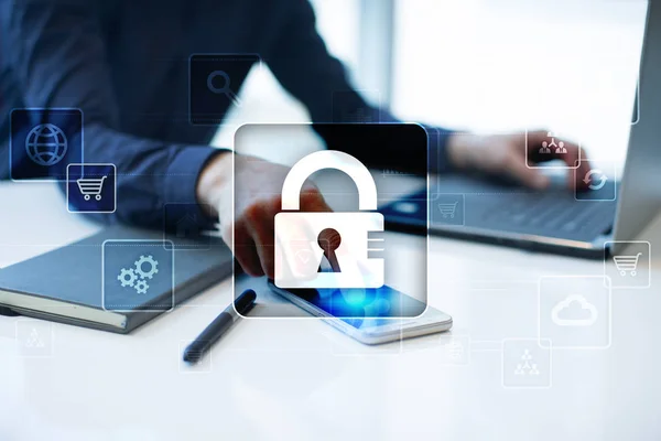 Gegevensbescherming, Cyber beveiliging, veiligheid van de informatie en codering. Internet technologie en business concept. — Stockfoto