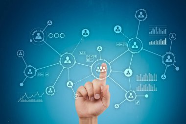 İnsanlar ağ. Organizasyon yapısı. Saatlik sosyal medya. Internet ve teknoloji kavramı.