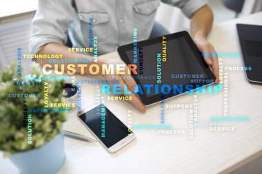 Müşteri ilişkisi yönetimi kavramı sanal ekran üzerinde. Kelime bulutu.