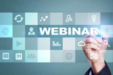 Webinar. E-eğitim, Online Eğitim kavramı. Kişisel gelişim. Sanal ekran.