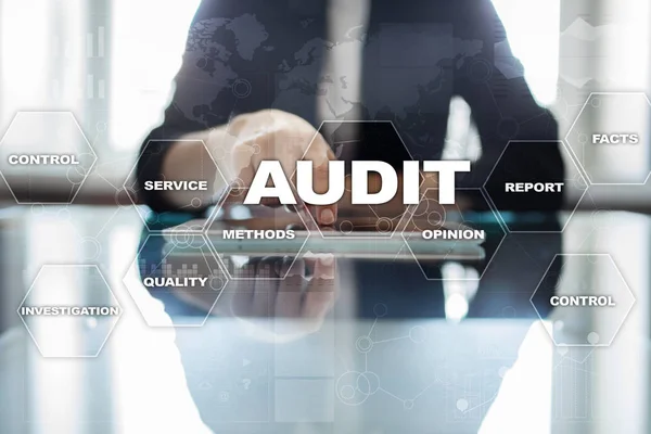 Audit business concept. Auditor. Compliance. Virtual screen technology.