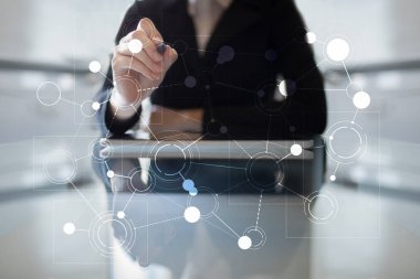 Metin, sanal ekran arka plan ile kutsal kişilerin resmi için şablon. İş, internet teknoloji ve ağ kavramı.