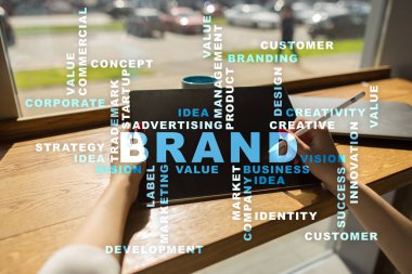 Marka kavramı sanal ekran üzerinde. İş kavramı. Kelime bulutu.