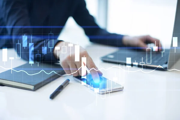 Ábrák és grafikonok, virtuális képernyőn. Üzleti stratégia, elemzés technológia és a pénzügyi növekedés fogalma. — Stock Fotó