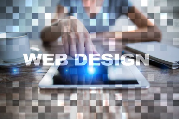 Webdesign und Entwicklungskonzept auf dem virtuellen Bildschirm. — Stockfoto