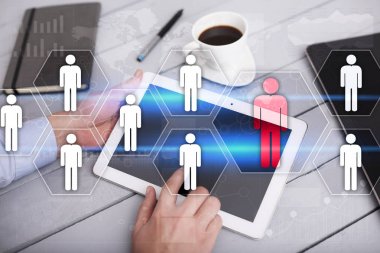 İnsan kaynakları yönetimi, insan kaynakları, işe alım, liderlik ve ekip oluşturma. İş ve teknoloji kavramı.