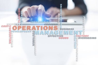 Operasyon Yönetimi kavramı. Sanal ekran üzerinde kelime bulutu.