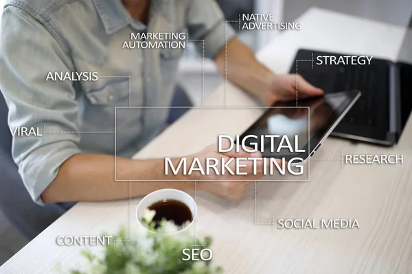 Digitális marketing technológia koncepció. Internet. Online. Search Engine Optimization. SEO. SMM. reklám. — Stock Fotó