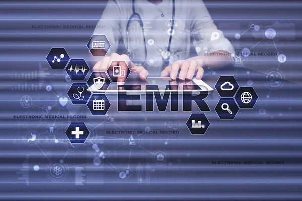 Electronic health record. EHR, EMR. Medicine and healthcare concept. Medical doctor working with modern pc.