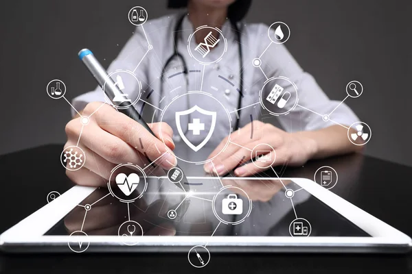 Medicine doctor with modern computer. medical technology network and health care concept.