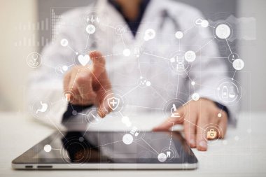 Sanal ekran üzerinde tıbbi kavramı. Sağlık. Online Tıbbi Danışma ve sağlık kontrol, Emr, Ehr.