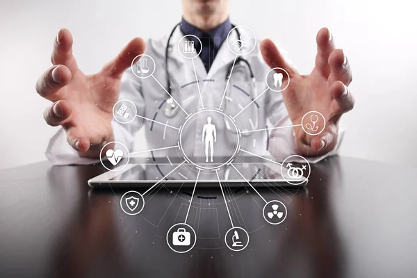 Medicine doctor with modern computer. Medical technology network and health care concept.