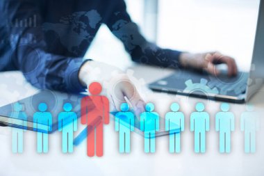 İnsan kaynakları yönetimi, insan kaynakları, işe alım, liderlik ve ekip oluşturma. İş ve teknoloji kavramı.