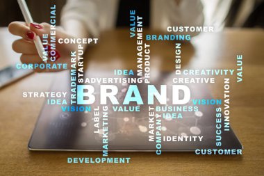 Marka kavramı sanal ekran üzerinde. İş kavramı. Kelime bulutu.