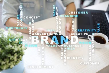 Marka kavramı sanal ekran üzerinde. İş kavramı. Kelime bulutu.