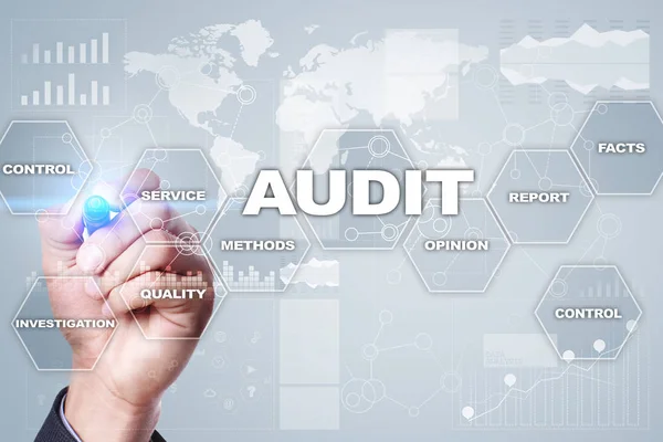 Audit business concept. Auditor. Compliance. Virtual screen technology.