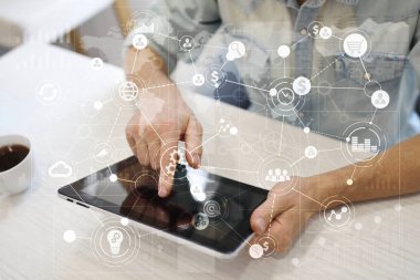 Metin, sanal ekran arka plan ile kutsal kişilerin resmi için şablon. İş, internet teknoloji ve ağ kavramı.