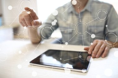 Metin, sanal ekran arka plan ile kutsal kişilerin resmi için şablon. İş, internet teknoloji ve ağ kavramı.