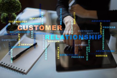 Müşteri ilişkisi yönetimi kavramı sanal ekran üzerinde. Kelime bulutu.