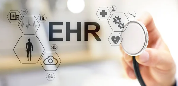 EHR Electronic Health record EMR Medical automation system Medicine Internet concept. Doctor with stethoscope.