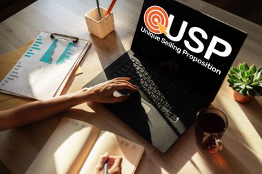 USP - Eşsiz satış teklifleri. Cihaz ekranında iş ve finans kavramı.