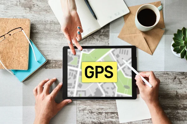 GPS Global Positioning System, Worldwide navigation and tracking concept with town maps on screen.