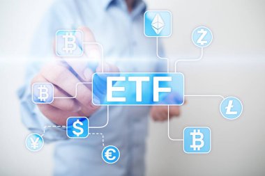 Bitcoin Etf. Döviz ticareti fon ve cryptocurrency kavramı sanal ekran üzerinde.