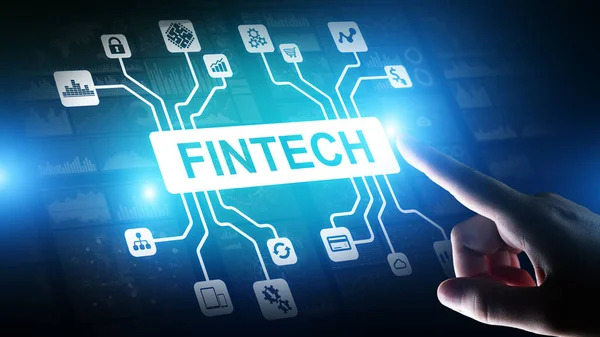 Fintech Tecnología financiera Inversión criptomoneda y dinero digital. Concepto de negocio en pantalla virtual. — Foto de Stock