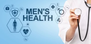Erkek Sağlığı afişi, sağlık ve sağlık hizmetleri konsepti ekranda. Steteskoplu doktor..