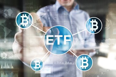 Bitcoin Etf, fon ve cryptocurrencies kavramı sanal ekran üzerinde döviz ticareti.