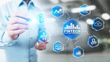 Fintech Finans Teknolojisi Kripto para birimi yatırımı ve dijital para. Sanal ekranda iş kavramı.