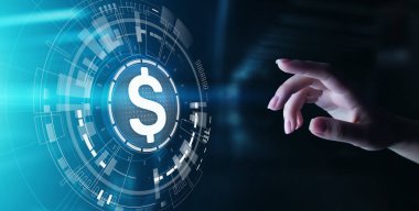 Sanal ekranda dolar simgeleri. Para birimleri Forex ticaret ve finans piyasası kavramı. Dijital bankacılık ve büyüme.