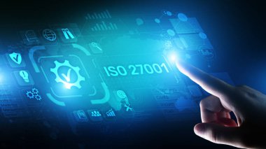 Iso 27001 Standart Standartlaştırma Sertifikası Müşteri Garantisi ve Sanal Ekran İş Konsepti.