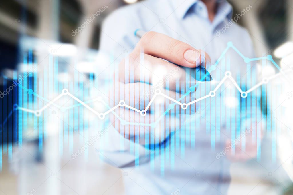 Double exposure economic charts and graphs on virtual screen. Online trading, Business and finance concept.