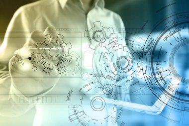 Gears'ı taslak ile teknoloji arayüzü arka plan. Mühendislik, iş, geliştirme ve iletişim konsepti.