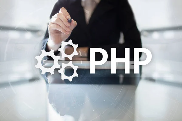 PHP, Web ανάπτυξη έννοια στην εικονική οθόνη. — Φωτογραφία Αρχείου