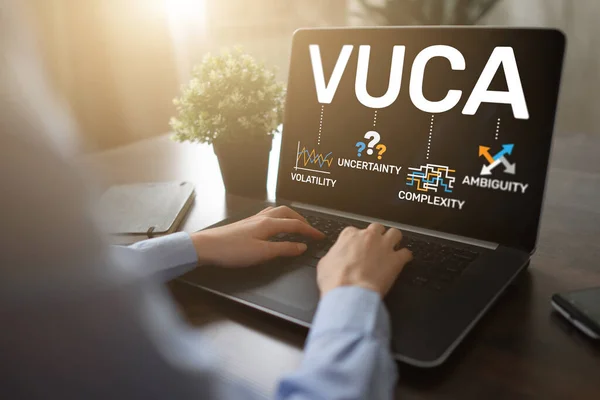 VUCA dünya konsepti ekranda. Değişkenlik, belirsizlik, karmaşıklık, belirsizlik.