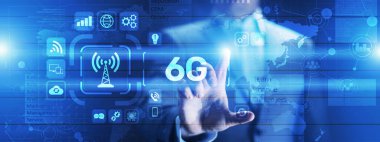 6G Yeni nesil telekomünikasyon hızlı internet ve teknoloji kavramı sanal ekranda.