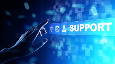 Sanal ekranda destek düğmesi. Müşteri hizmetleri ve iletişim konsepti.