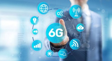 6G Yeni nesil telekomünikasyon hızlı internet ve teknoloji kavramı sanal ekranda.