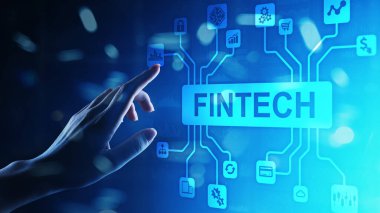 Fintech Finans Teknolojisi Kripto para birimi yatırımı ve dijital para. Sanal ekranda iş kavramı.