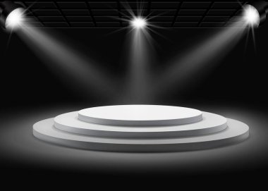 Siyah arka plan üzerine spot ile gri yuvarlak podyum.