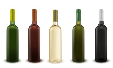 Farklı renkte şarap şişeleri içeren gerçekçi bir vektör seti.