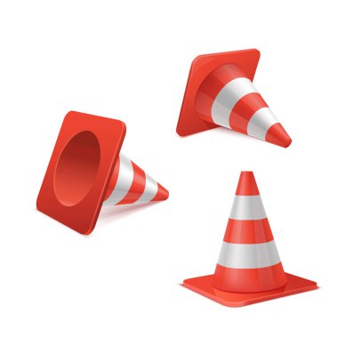 Çeşitli pozisyonlarda plastik yol konilerinin gerçekçi vektör kümesi.