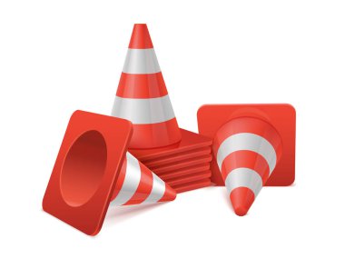 Çeşitli pozisyonlarda plastik yol konilerinin gerçekçi vektör kümesi.