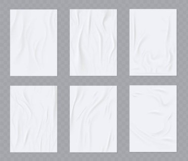 Duvara yapıştırılmış poster ya da broşür için buruşuk kağıt vektör gerçekçi şablonu. Vektör seti