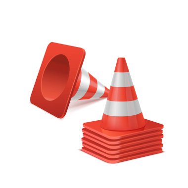 Çeşitli pozisyonlarda plastik yol konilerinin gerçekçi vektör kümesi.