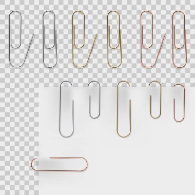 Gerçekçi metal ataç seti. Vektör ayarlandı. Birkaç sayfa kağıdı bir arada tutmak için kırtasiye ataç aksesuarı