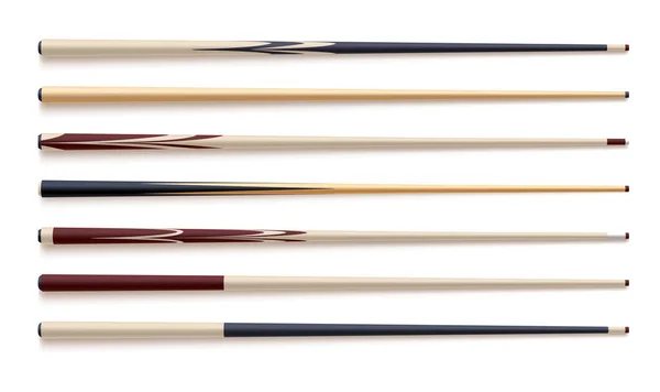 Realistic vector set of wooden billiard cues isolated on white white background