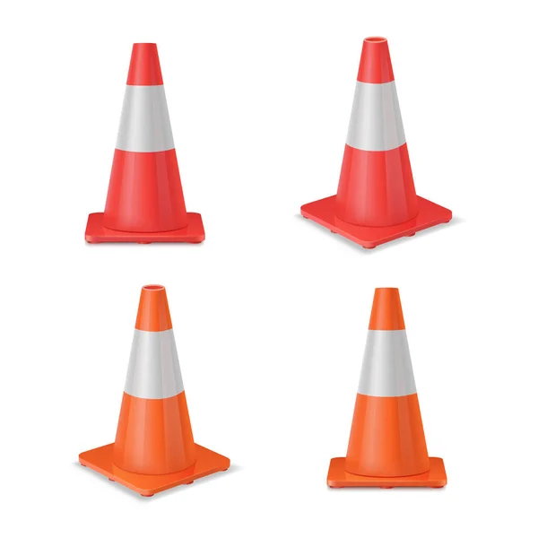 Kırmızı ve turuncu gerçekçi yol plastik beyaz çizgili parlak koniler.